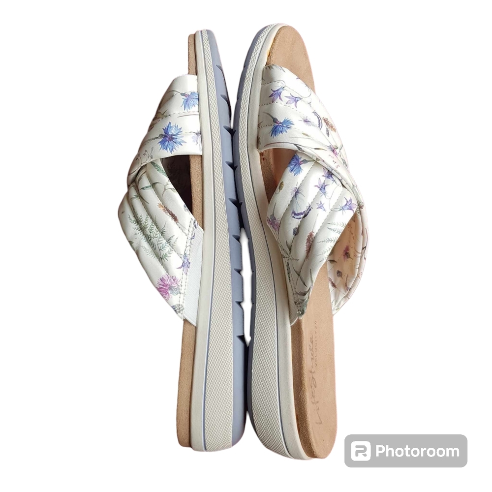 LifeStride Womens Panama Faux Leather Slip On Wedge Sandals Floral Lilac - Picture 6 of 16